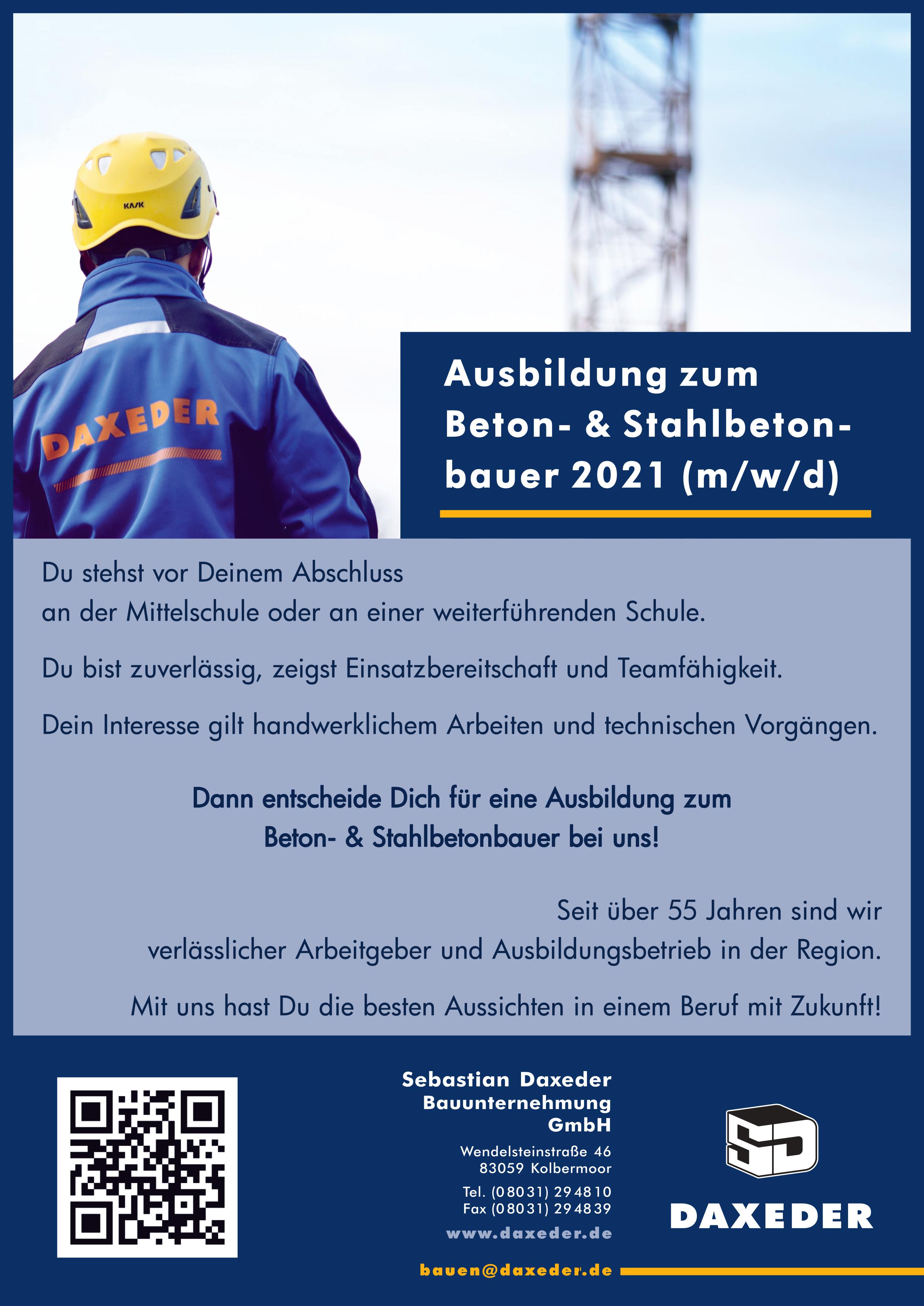 Sebastian Daxeder Bauunternehmung GmbH, Ausbildung, 2021, Beton- und Stahlbetonbauer, Kolbermoor, Rosenheim