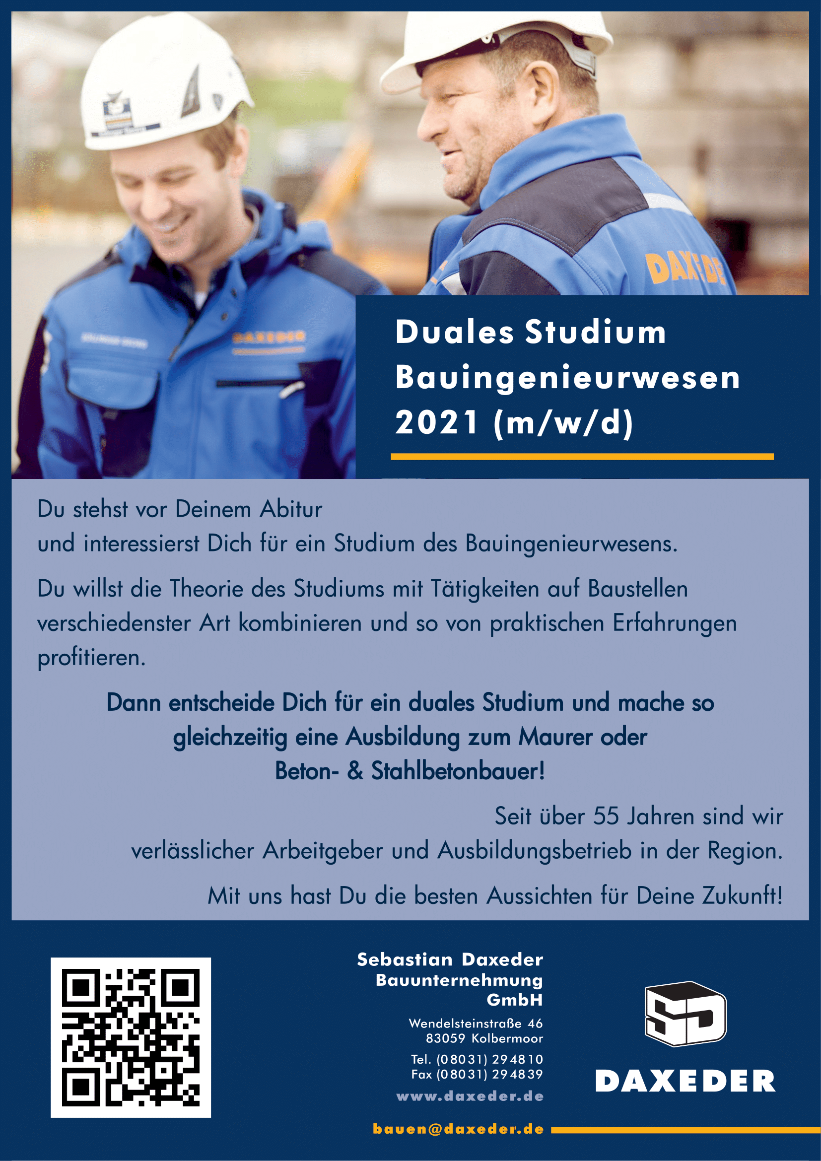 Ausbildung Duales Studium Bauingenieurwesen 2021 bei der Sebastian Daxeder Bauunternehmung GmbH, Kolbermoor Landkreis Rosenheim